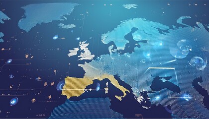 Create a captivating abstract digital map showcasing Western Europe, emphasizing the concept of a robust European global network and connectivity. Highlight data transfer and cyber technology, illustr