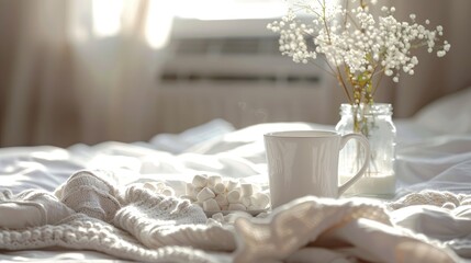 Cozy Breakfast Setting with White Mug Tea Marshmallows and Beautiful Jar on Bed
