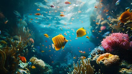 Fototapeta na wymiar Underwater with colorful sea life fishes and plant at seabed background, Colorful Coral reef landscape in the deep of ocean. Marine life concept, Underwater world scene. 