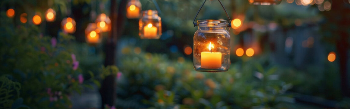 A garland of beautiful candlesticks made from used glass jars. They are suspended in the spring evening garden. Horizontal banner with free place for text