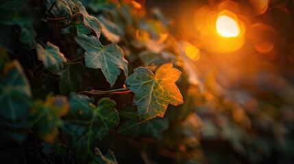 Autumn Sunset Illuminating Ivy Leaf
