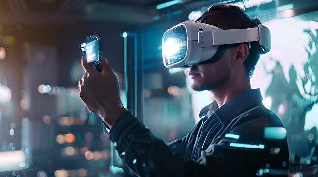 man using virtual reality on abstract background