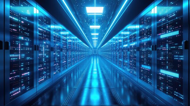 A parallel row of servers, adorned in electric blue, fills a technology-driven data center hallway with a symmetrical display of power and Azure technology. AIG41