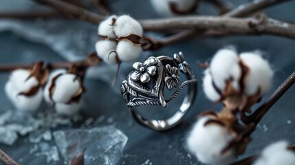 Charming small handmade silver ring featuring a heart design surrounded by cotton flower motifs Unique accessories for jewelry