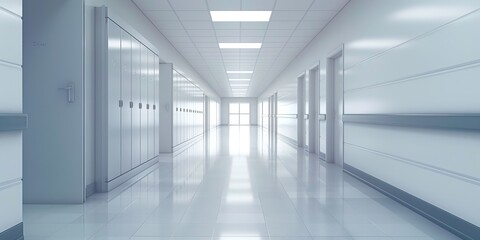 Pristine, white corridor of a modern hospital with closed doors and a bright, clinical atmosphere
