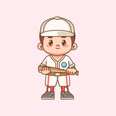 Cute Baseball player hold ball kawaii chibi character mascot illustration outline style design
