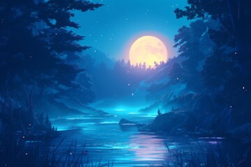 Naklejka premium moonlit forest illustration with a variety of plants and wildlife