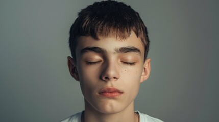 Obraz premium Adolescent male with closed eyes on a grey backdrop