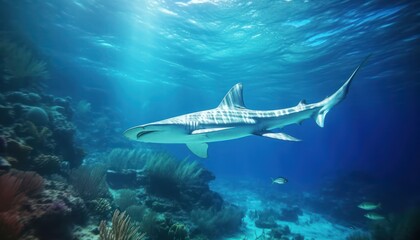 The Giant Sharks in the ocean, portrait of Shark hunting prey in the underwater