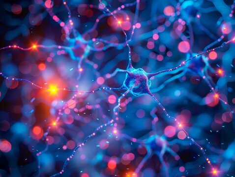 3D illustration abstract background of neural networks, enhanced by cyberpunk 80s color, ideal for sciencefocused advertising