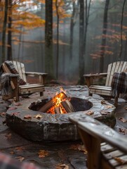 A rustic fire pit outside a cabin in the autumn landscape. 