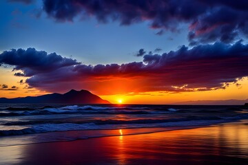 Photographs of beautiful sunsets, sunsets, brilliant sunsets in the island's sea mountains, colors of time and directions of light rays, korea hyper-realistic, and photo-realism, ai, generative, 석양