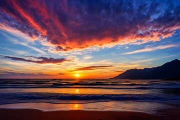 Photographs of beautiful sunsets, sunsets, brilliant sunsets in the island's sea mountains, colors of time and directions of light rays, korea hyper-realistic, and photo-realism, ai, generative, 석양