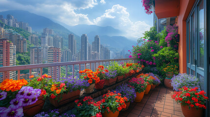 A balcony oasis teeming with flowers in red, orange, and purple pots amidst city architecture,...