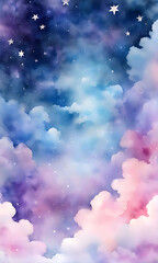 Watercolor sky with clouds and stars, dreamy, soft blue purple and pink color background , banner	