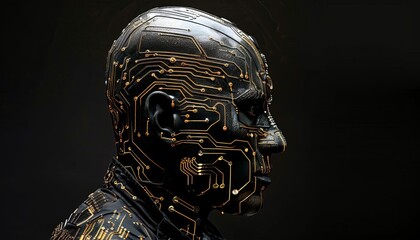 Illustrate a cyborg with intricate circuit patterns on its skin, standing boldly on a black background with room for a message