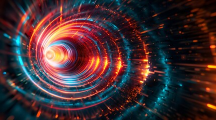 Fototapeta premium Dynamic light tunnel with intense speed motion, vibrant red and blue neon swirl. High-speed travel in sci-fi settings, virtual reality, or futuristic digital. Hyperdrive or cyber tunnel.