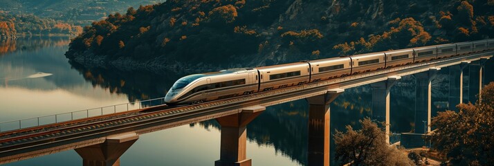 Modern high-speed train crossing a tall bridge above a calm river with lush hillside scenery in the background - obrazy, fototapety, plakaty