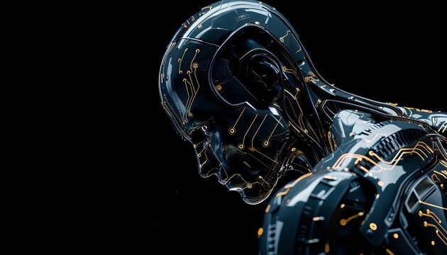 Illustrate a cyborg with intricate circuit patterns on its skin, standing boldly on a black background with room for a message