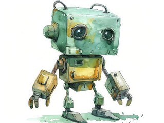 A Kawaii creative futuristic charismatic watercolor painting illustrates an unconventionally designed robot