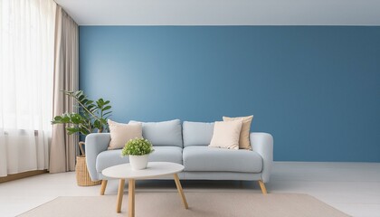 Livingroom or buisness hall scene light pastel color. Lounge room - blue sky paint and velor. Empty wall blank - navy background and pale tone loveseat. Luxury modern home design interior. 3d render