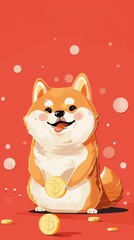 Fototapeta premium A Shiba Inu dog holding bitcoin against a vibrant red background, wallpaper