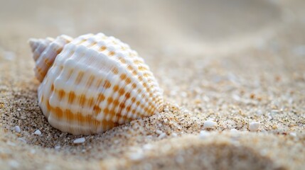 Cowrie shell resting on sandy beach