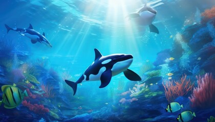 Fototapeta premium The Orcinus Orca in the ocean, portrait of Orca hunting prey in the underwater