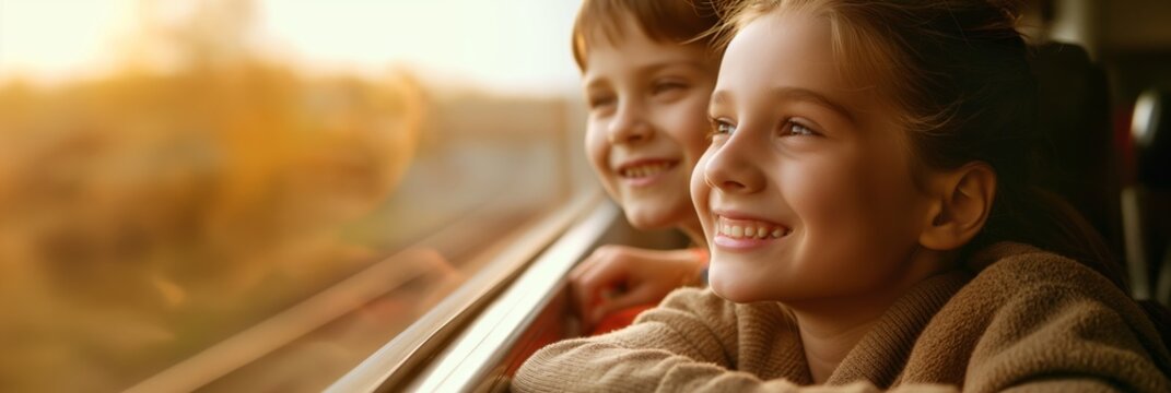 Two happy siblings are smiling while looking out the train window during a journey