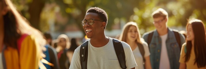 Happy African-American male student walking with a backpack, laughing among peers in a sunny college campus setting