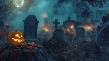 Experience the eerie ambiance of a nighttime cemetery adorned with Halloween pumpkins. Dive into the spooky atmosphere with jack-o'-lanterns casting eerie glows under the moonlight.
