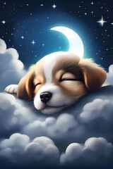 dog sleeping on a cloud, moon, cloud, cartoon, AI, KI, digital, fantasy, sleeping dog, dog, cute,...