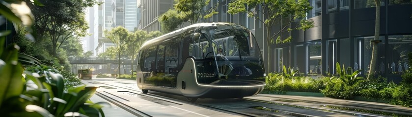 A sleek, autonomous electric bus glides silently through a bustling, greentech enhanced urban area