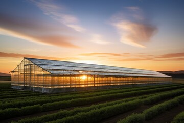 Obraz premium A Sweeping Landscape of an Industrial Greenhouse Bathed in the Golden Light of Dusk