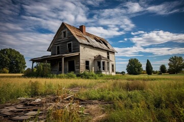 Obraz premium Echoes from the Past: A Dilapidated Farmhouse Amidst Verdant Fields Whispering Stories of Old Times