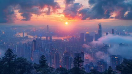 Obraz premium Photograph iconic city skylines during sunrise or sunset for dramatic effect