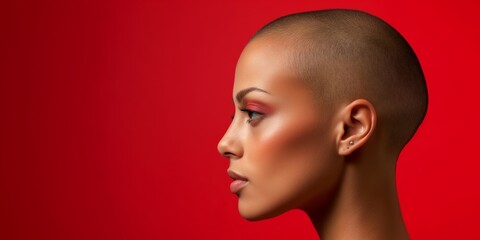 Striking bald fashion model with bold makeup and piercing gaze on a vibrant red background