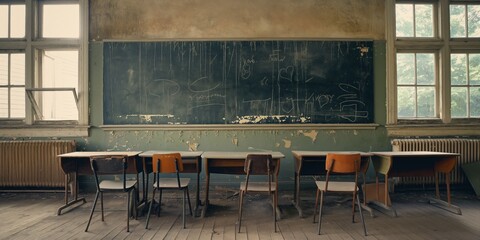 An old, abandoned classroom with rows of vintage desks and chairs facing a worn chalkboard, hinting at nostalgia