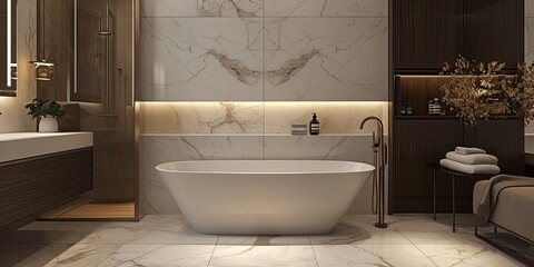 Indulge in luxury: white marble tiles, freestanding bathtub, dark wood cabinets. Marble exudes opulence, while tub adds modern touch. Dark wood enriches. Warm lighting enhances ambiance.