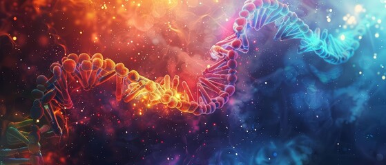 Abstract background of DNA strands, weaving a vivid portrayal of genetic discovery, ideal for educational banners with ample copy space