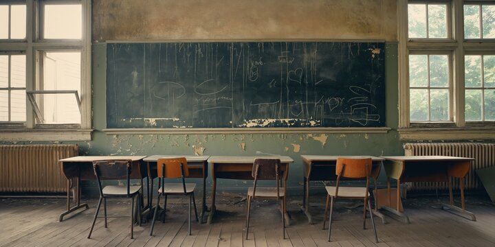 An old, abandoned classroom with rows of vintage desks and chairs facing a worn chalkboard, hinting at nostalgia