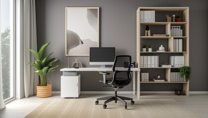 Contemporary home office: white desk, black chair, wood shelves. Clean workspace, professional vibe. Grey walls, minimalist art enhance focus. Photorealistic 3D rendering highlights modern, functional