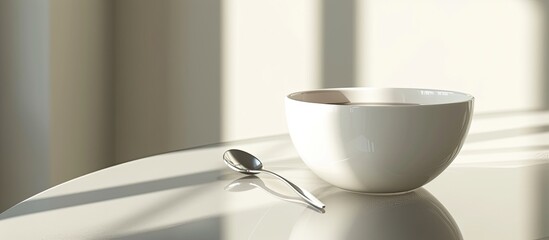 Modern tea cup set: white cups on glass table with stainless steel spoon. Cool, diffused daylight creates contemporary vibe. Minimalistic 3D rendering emphasizes sleek surfaces. ☕🌟