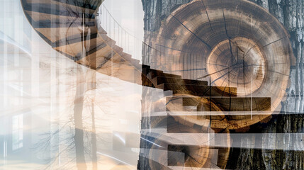 "Double exposure of a spiral staircase intertwined with the detailed rings of a tree cross-section."