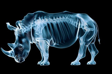 A rhino skeleton is shown in a black and white photo. The skeleton is in a very detailed and realistic manner, with the bones clearly visible