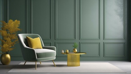 Grey green living room. Lounge area chair with an accent gold table and decor. Empty painted wall blank as background. Modern interior design room home or hotel. 3d rendering