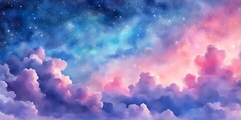 Watercolor sky with clouds and stars, dreamy, soft blue purple and pink color background , banner	