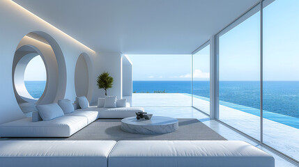 Minimalistic and modern all-white interiors of luxury apartments with large glass window facing the blue ocean