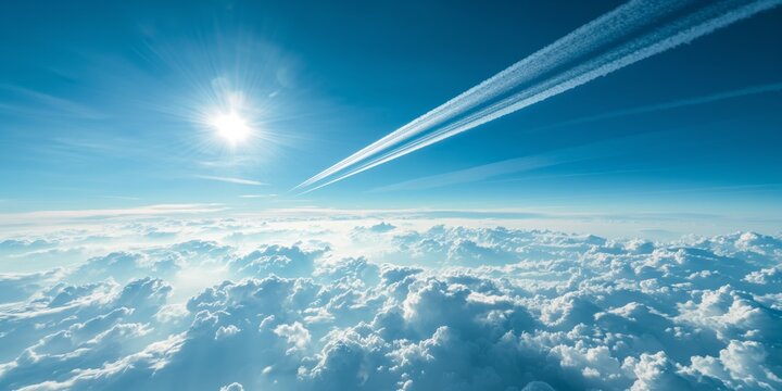 A striking view of the sky where clouds are sunlit with an airplane contrail overhead