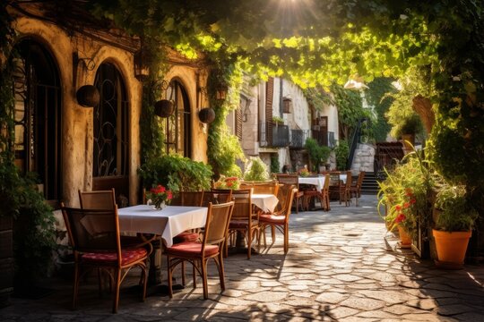 Fototapeta Traditional Italian pizzeria with cozy outdoor tables nestled among cobblestone streets and vibrant plants